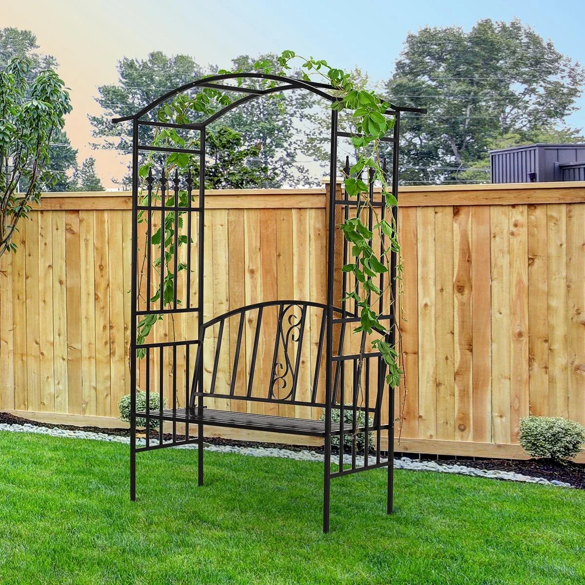 Pflanzbogen mit Sitzbank Bank Torbogen Rankgitter Rankhilfe Garten Bogendach Metall Schwarz 152 x 58 x 207 cm - 1