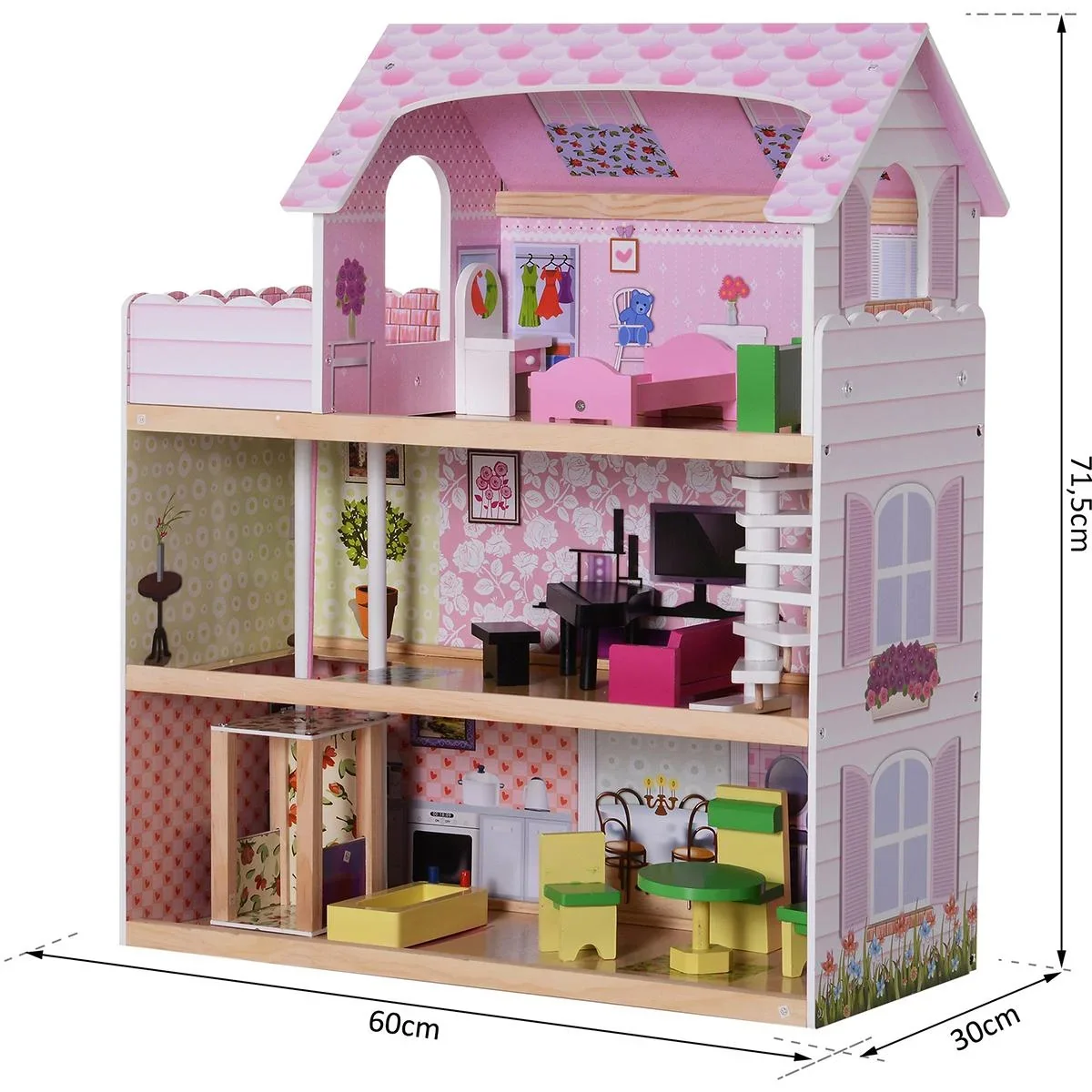 Kinder Puppenhaus mit Möbeln rosa - 0