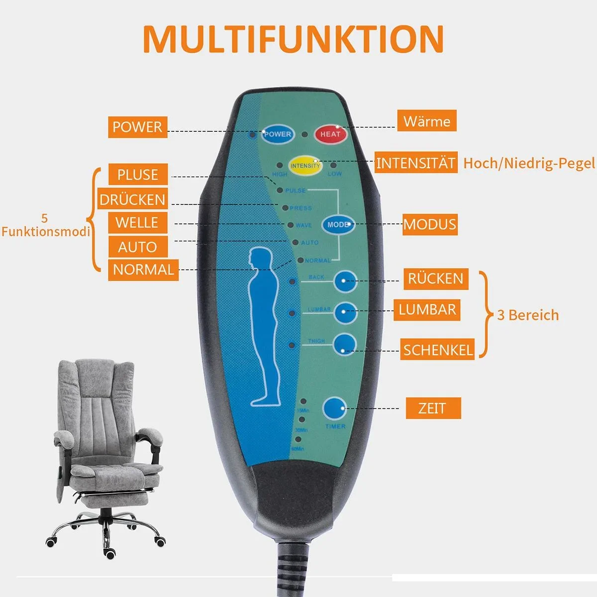 Bürostuhl mit Massage und Heizfunktion grau - 5