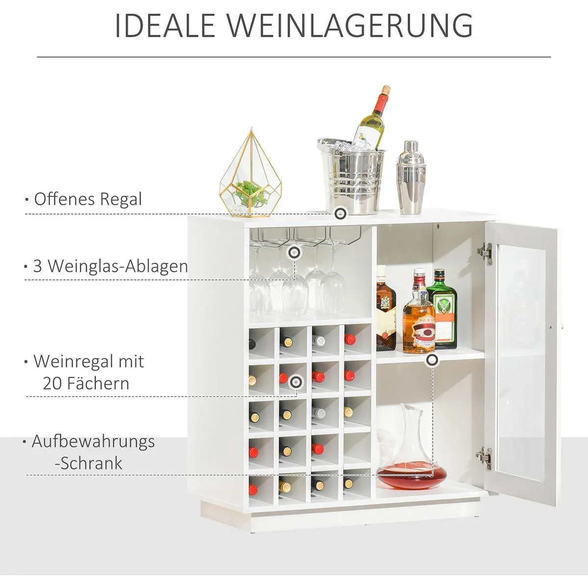 Weinschrank mit Glasvitrine und Weinglashalter Weiß - 4