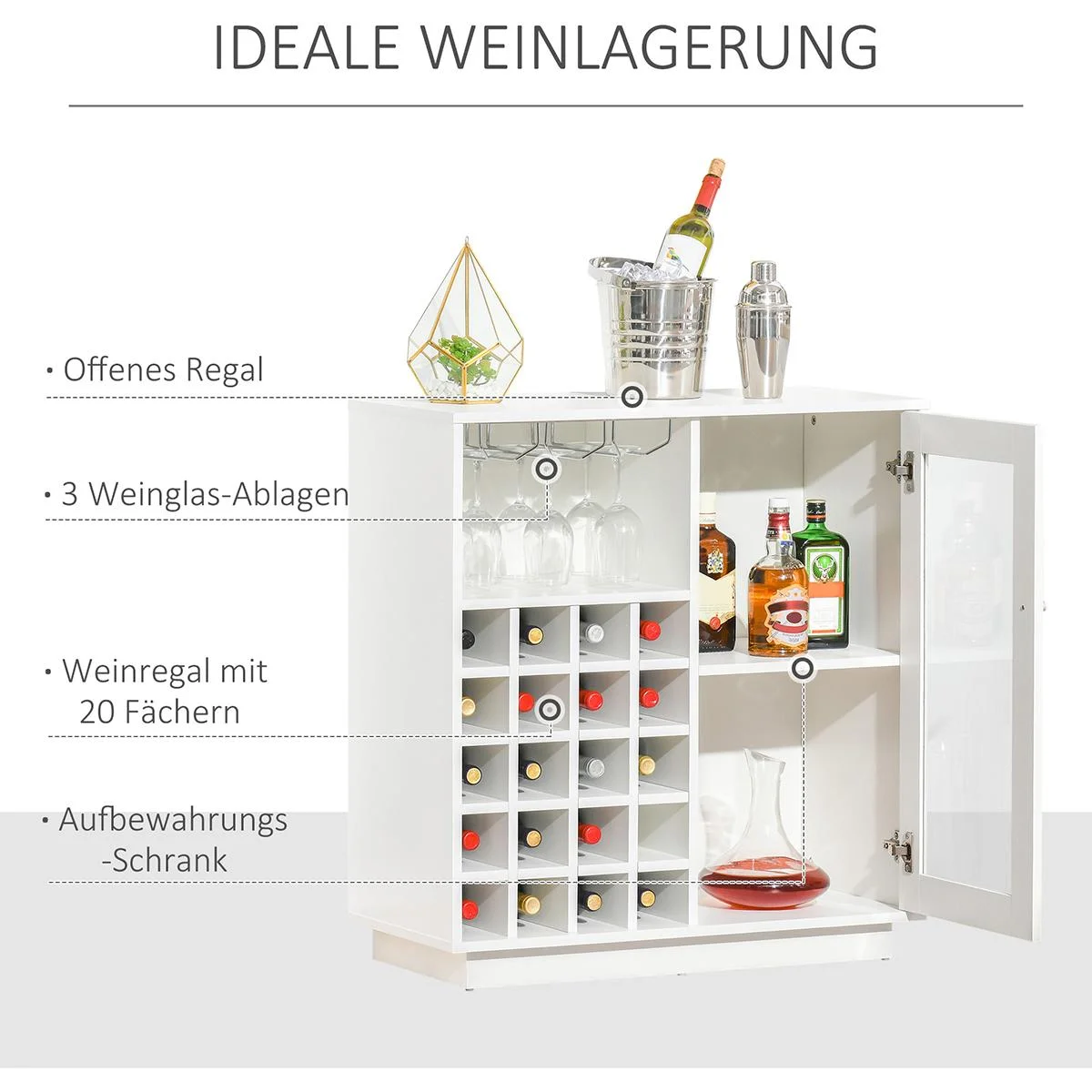Weinschrank mit Glasvitrine und Weinglashalter Weiß - 4