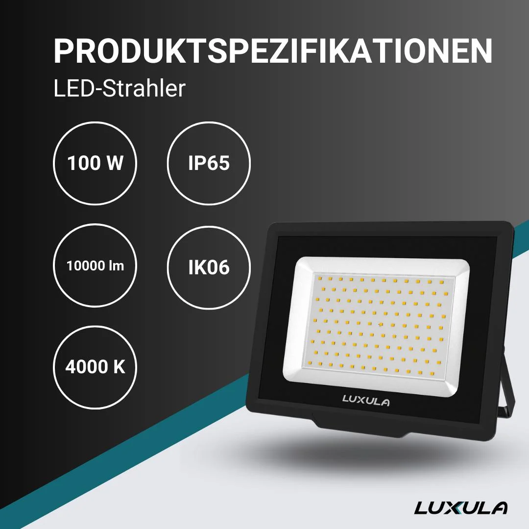 LED-Fluter in schwarz bietet 100 W, 4000 K (neutralweiß), 10000 lm & IP65 Schutz - 0