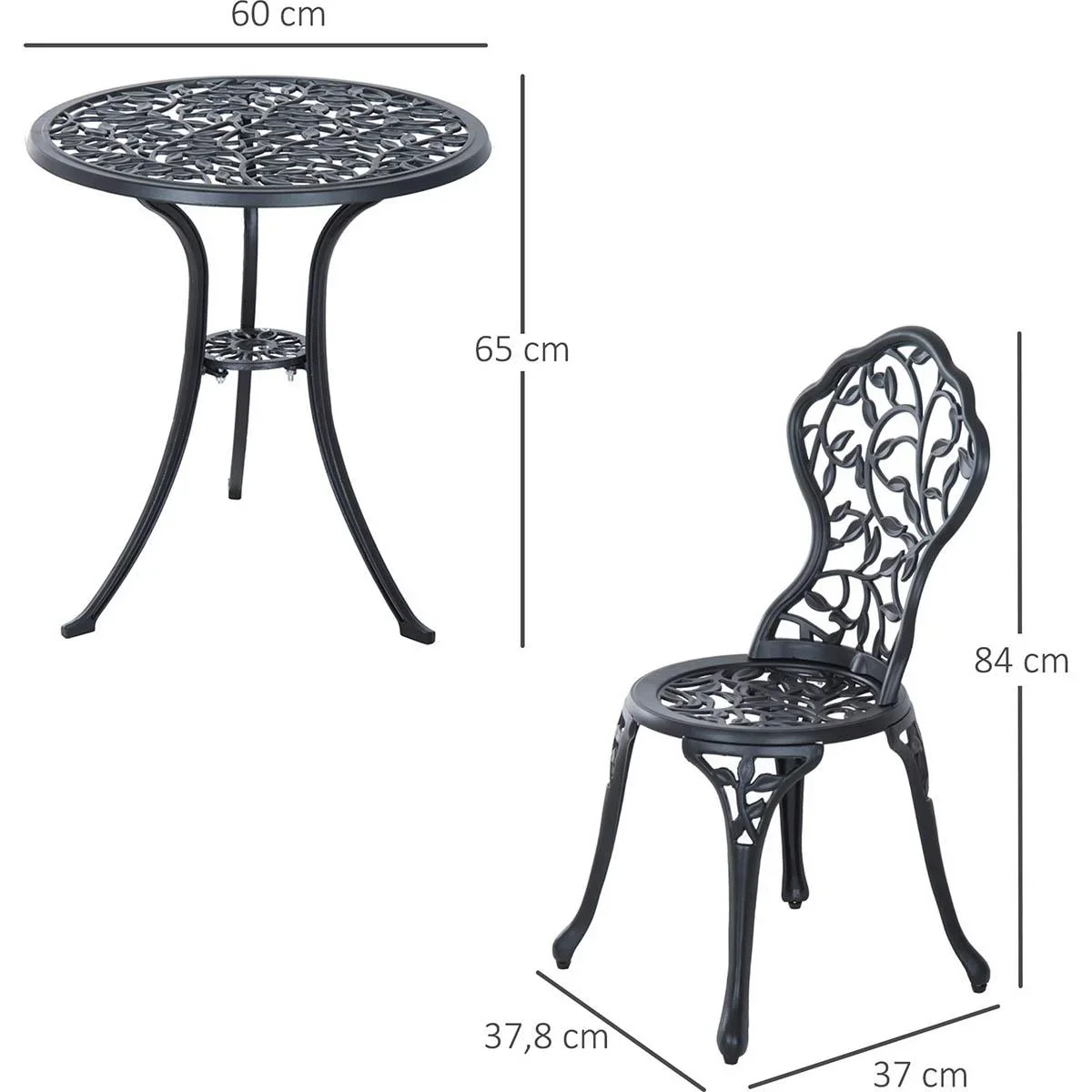 Bistroset 3-tlg. Gartenset aus Aluminiumguss Balkonset Bistrotisch mit 2 Stühlen Gartenmöbel Schwarz - 2
