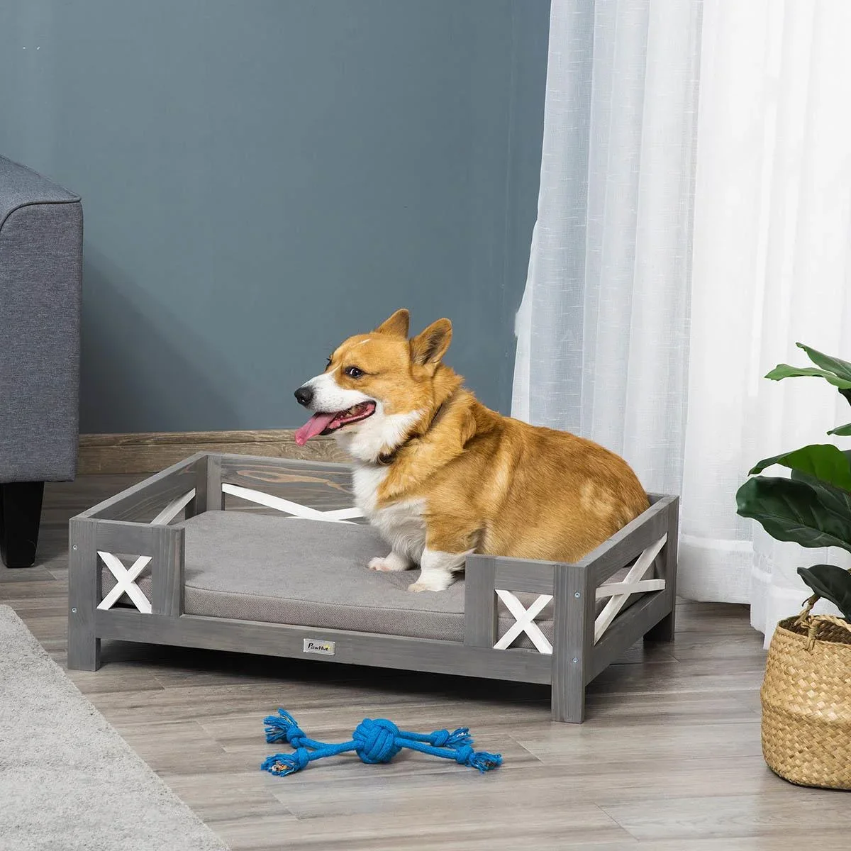 Hundebett mit Kissen für kleine Hunde weich gepolstert waschbarer Bezug Kiefernholz 80 x 55 x 23 cm - 4