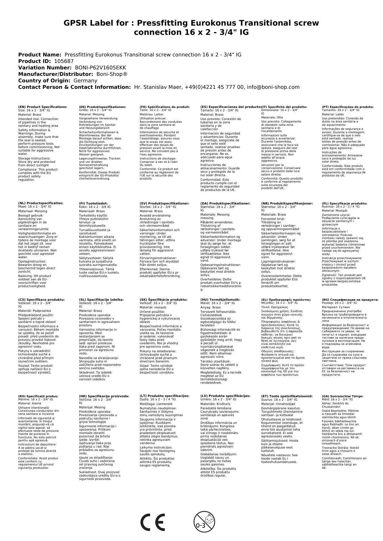 Pressfitting Eurokonus Übergangsverschraubung 16 x 2 - 3/4" IG-3