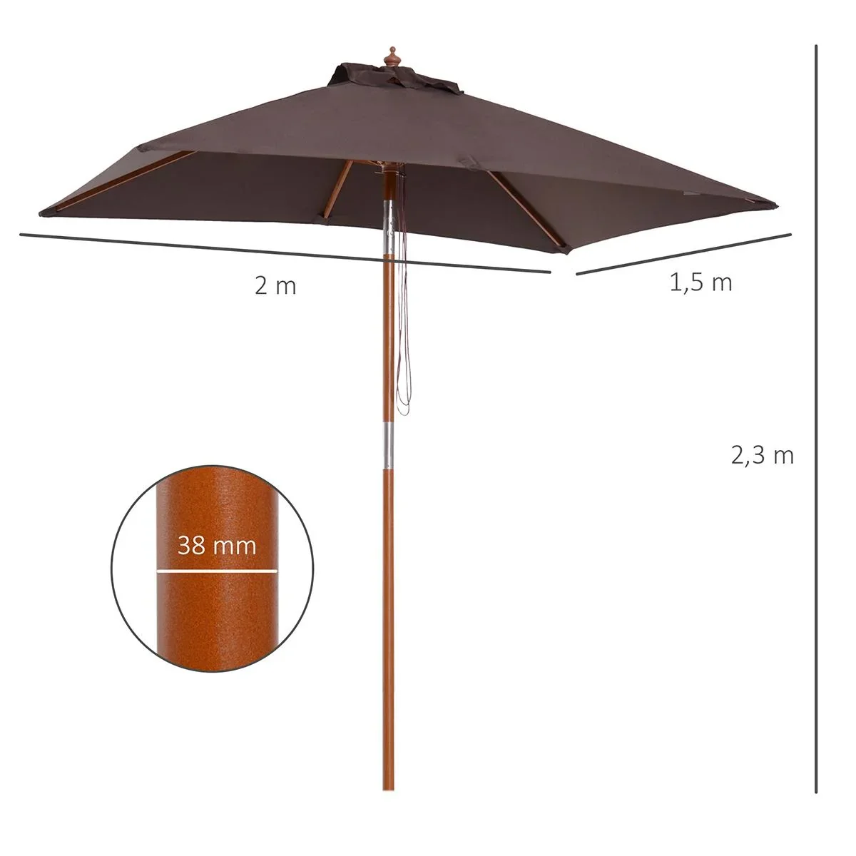Sonnenschirm Knickbarer Gartenschirm Strandschirm 3-stufig einstellbar Tannenholz+Polyester Kaffee 200 x 150 x 230 cm - 1