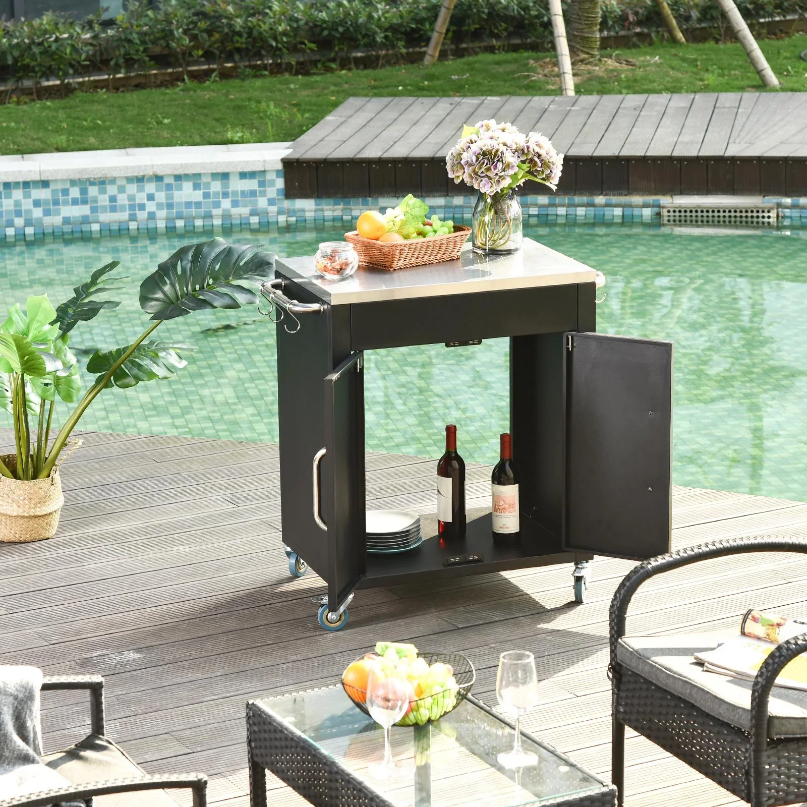 Edelstahlküchenwagen mit Küchenschränken, schwarz - 2