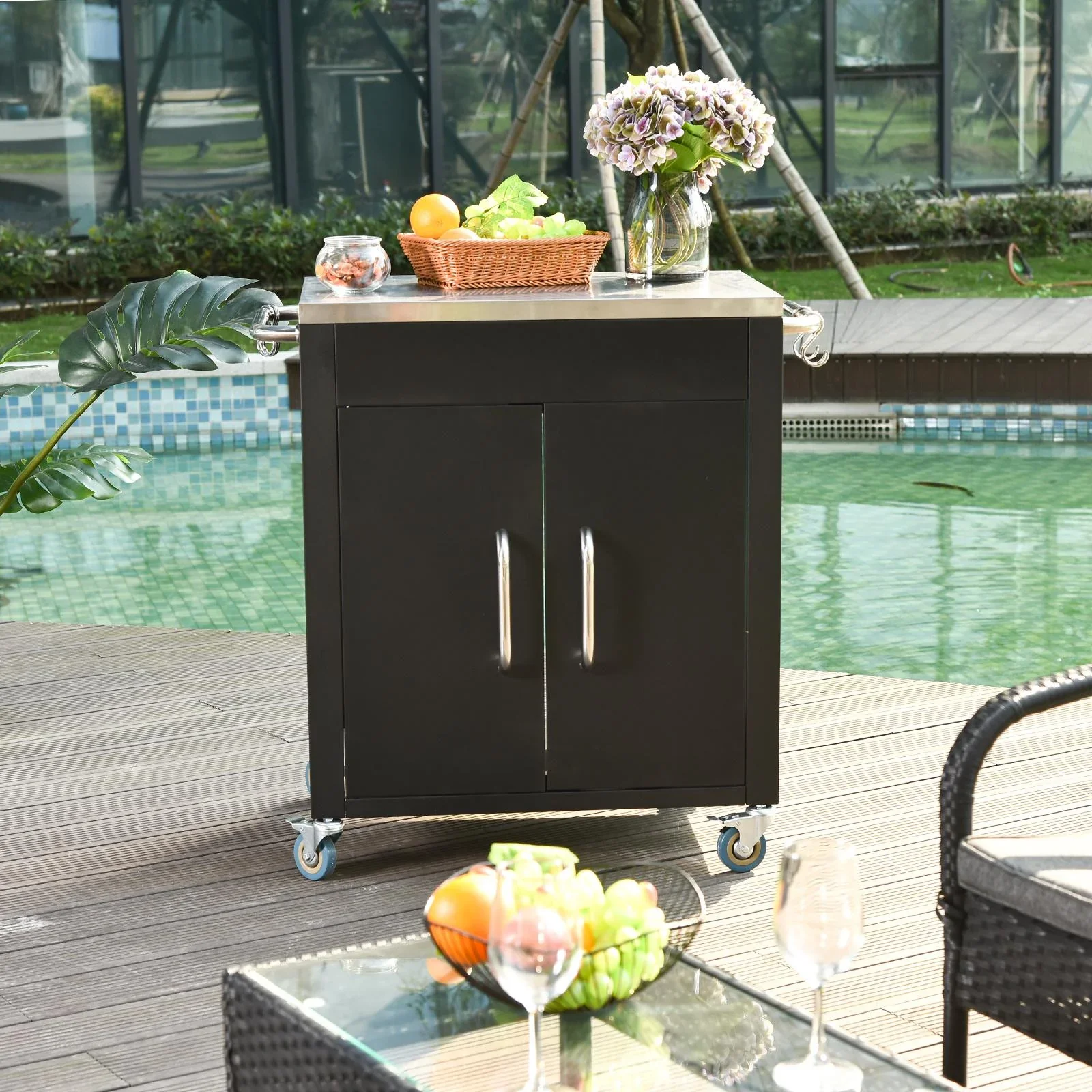 Edelstahlküchenwagen mit Küchenschränken, schwarz - 3