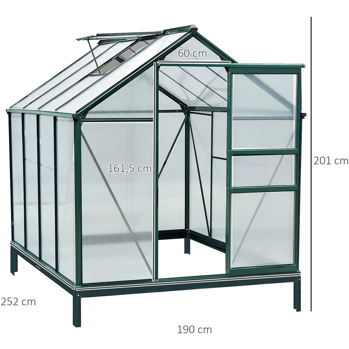 Gewächshaus mit Polycarbonat-Schale und Oberlicht, 190 x 252 x 201 cm - 0