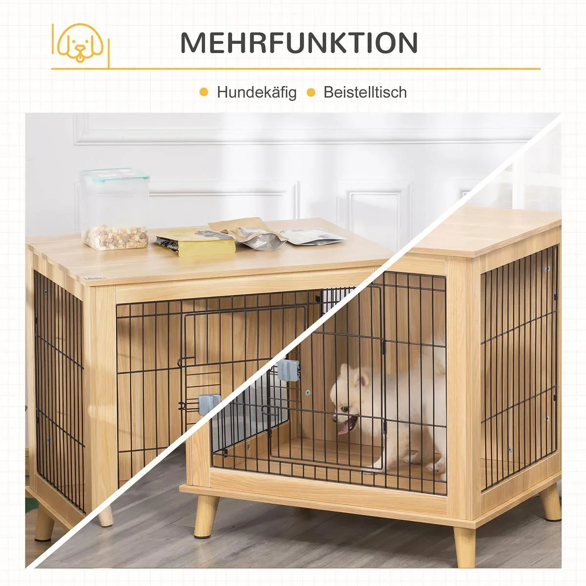 Hundekäfig aus Holz mit Tischoberfläche erhöhtes Design Hundebox für mittelgroße Hunde innen Zuhause Tierkäfig Haustier - 0