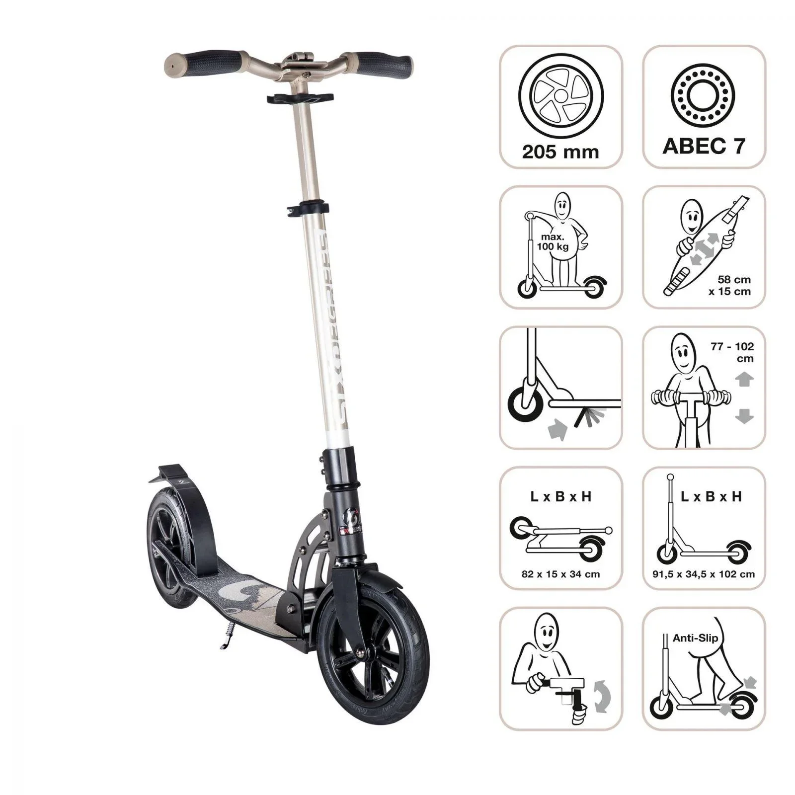 Aluminium Scooter mit Luftbereifung, Klappmechanismus, 205 mm, ABEC 7, höhenverstellbar, gold - 5