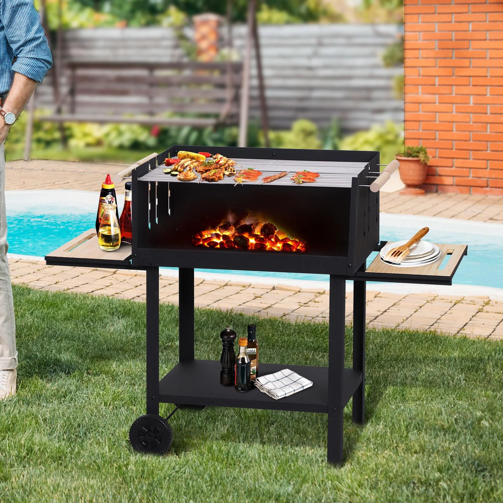 Kohlegrill Grillwagen Standgrill mit Windschutz 2 x Rost höhenverstellbar Metall Schwarz - 6