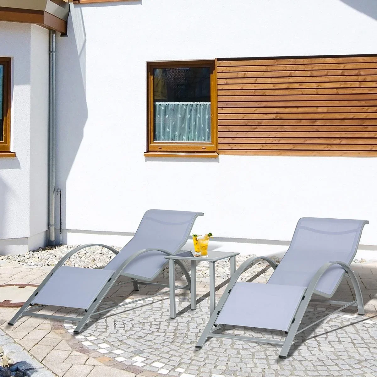 Gartenset 3-teilig - Liegestühle mit Beistelltisch - Grau - 2