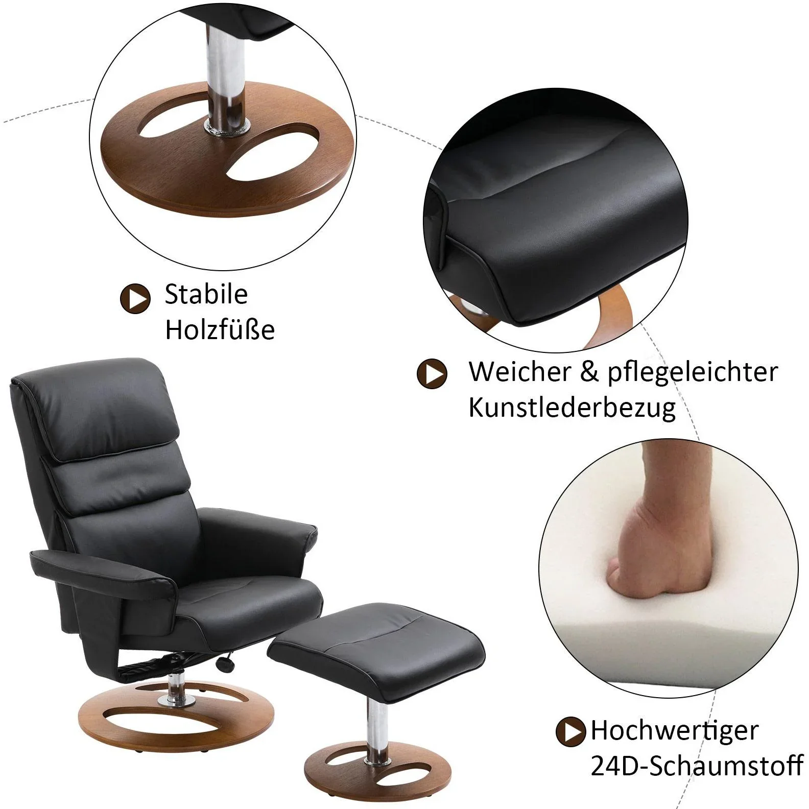 Relaxsessel mit Hocker Fernsehsessel Polstersessel 360° drehbar 120° neigbar PU-Bezug Holzfuß - 2