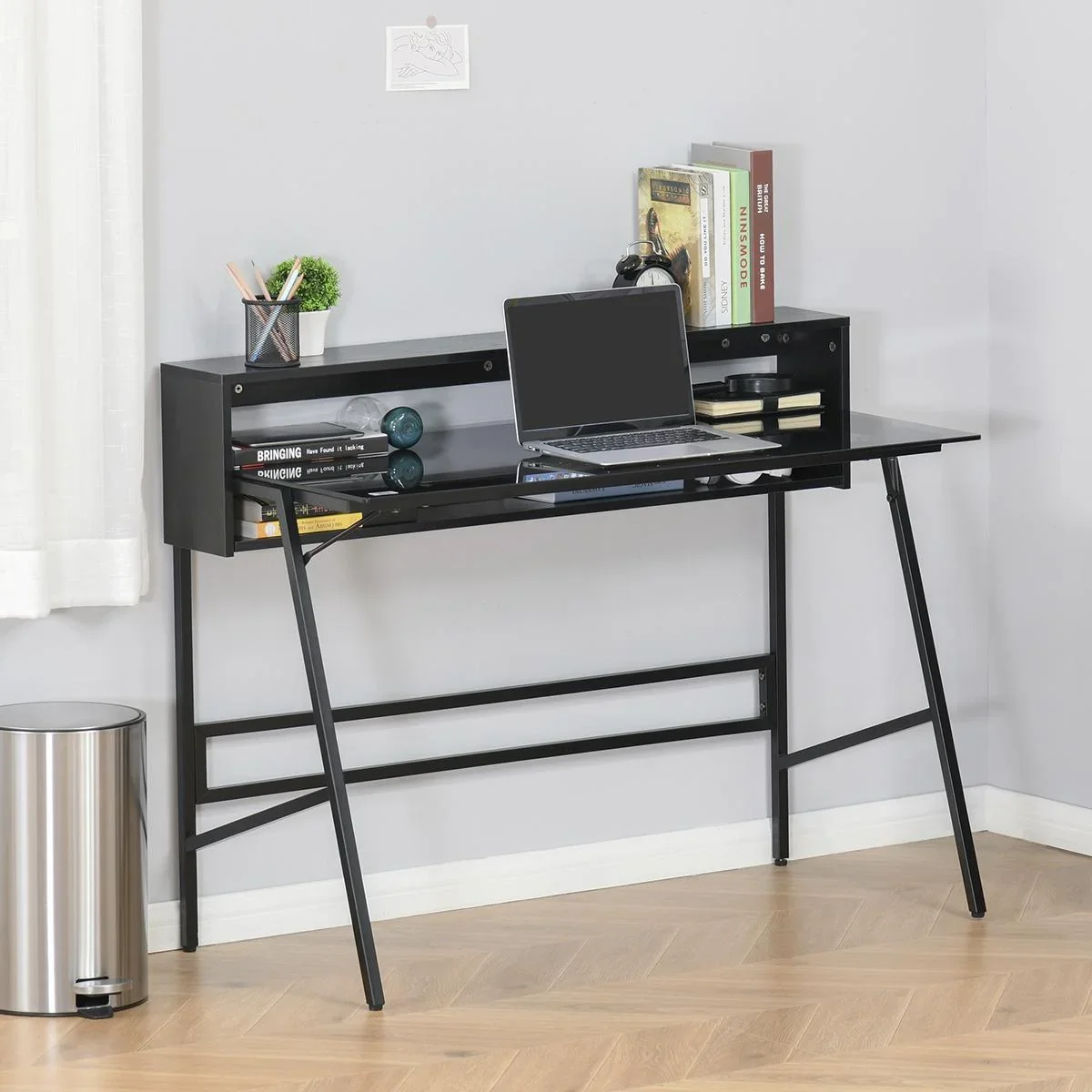 Computertisch Schreibtisch mit zwei Ablagen moderner Gamingtisch mit gehärtetem Glasplatte Home-Office verstellbare Fußm - 0