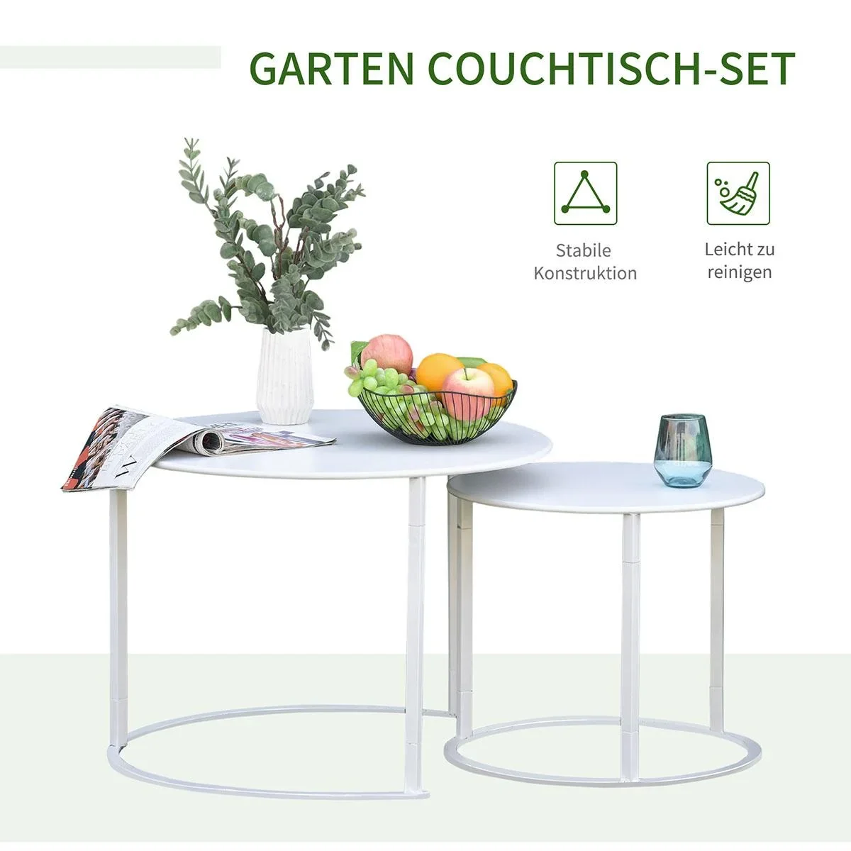 Beistelltisch, 2er Set, Garten Couchtisch, Kaffeetisch mit erhöhten Kanten, Wohnzimmer, Metall Weiß, Ø70 x 50 cm - 3