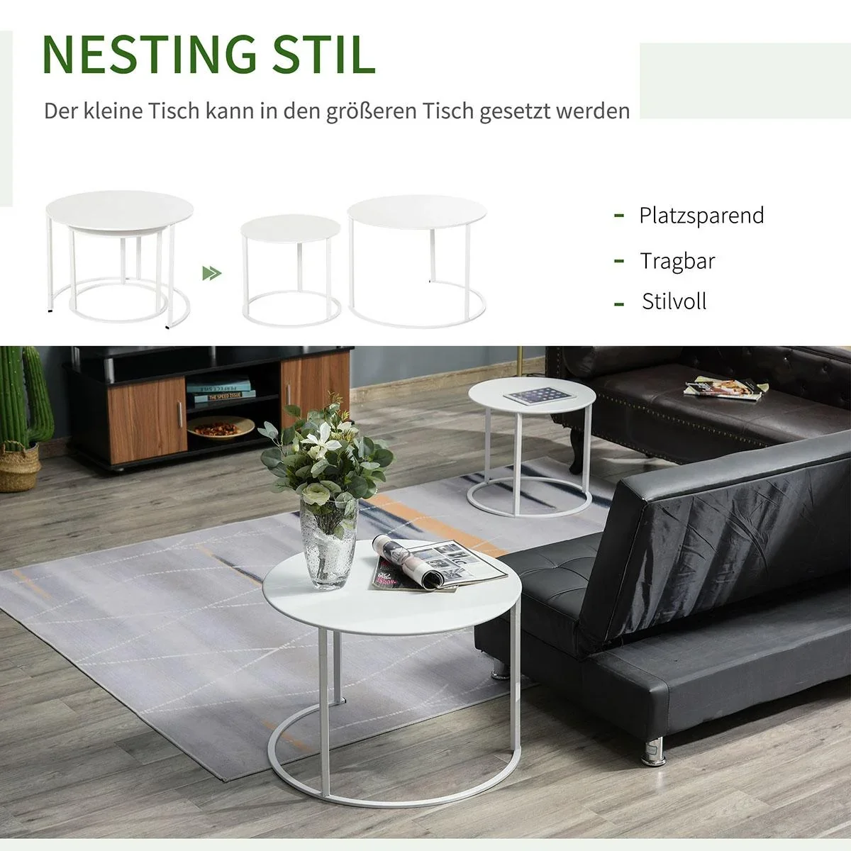 Beistelltisch, 2er Set, Garten Couchtisch, Kaffeetisch mit erhöhten Kanten, Wohnzimmer, Metall Weiß, Ø70 x 50 cm - 4