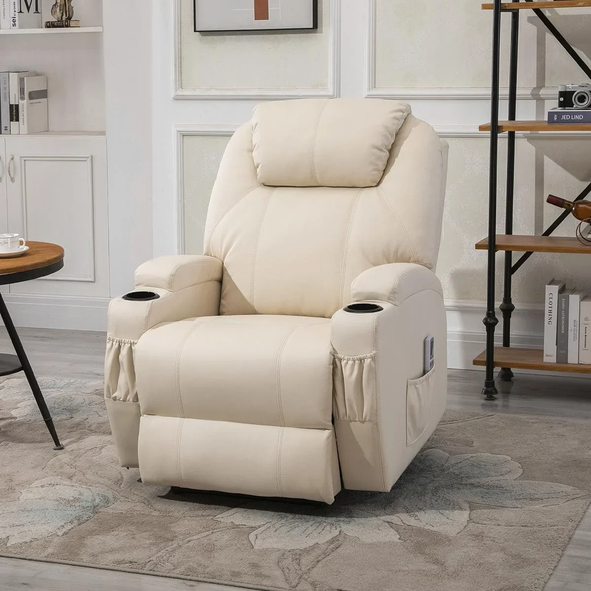 Massagesessel Relaxsessel Fernsehsessel Massagefunktion Liegefunktion Kunstleder Holz Metall Schaumstoff Beige - 0