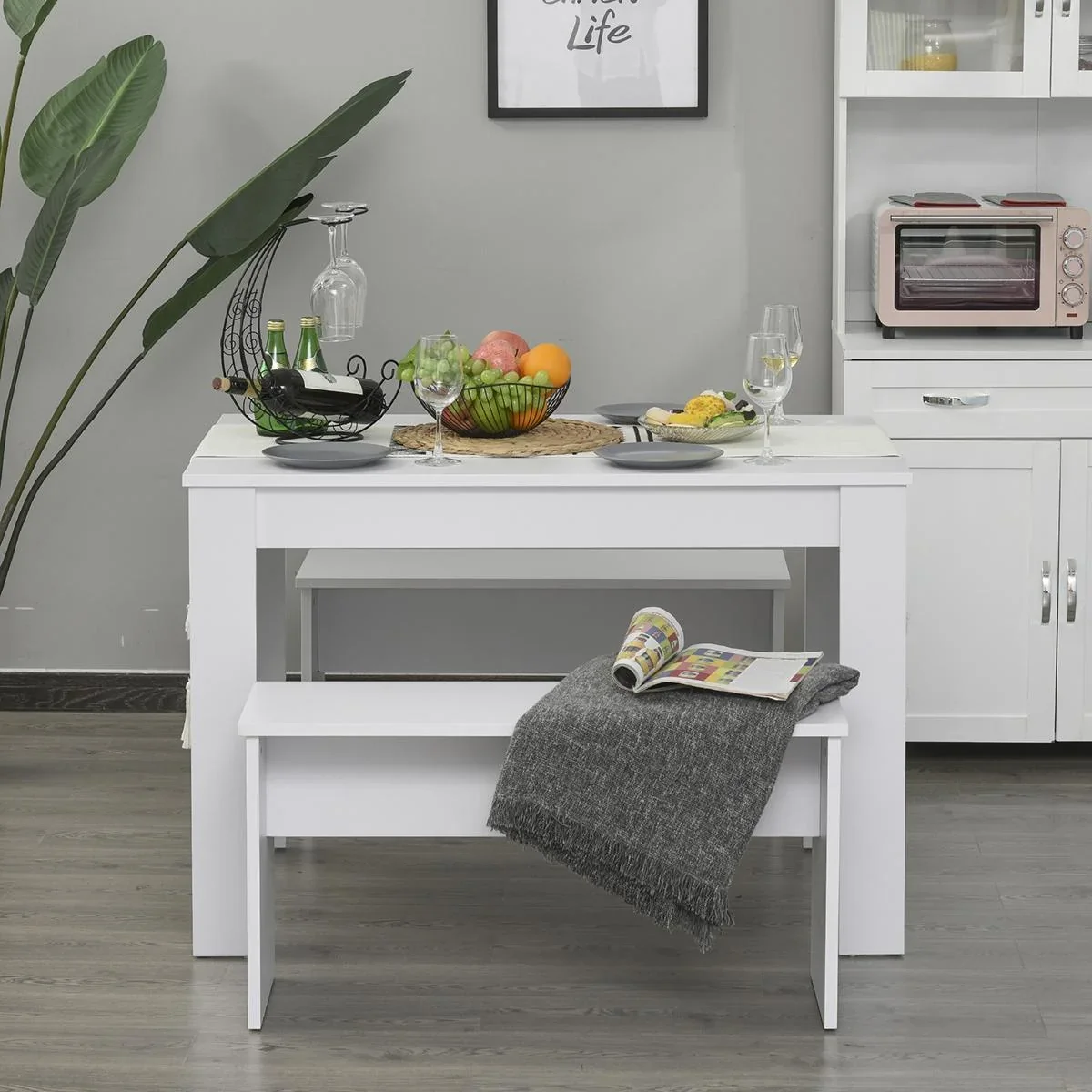 Essgruppe mit 2 Bänken Industriestil, Esszimmergarnitur Sitzgruppe Tischgruppe, Weiß, 110x70x75 cm (Tisch), 86x30x44,8 c - 1