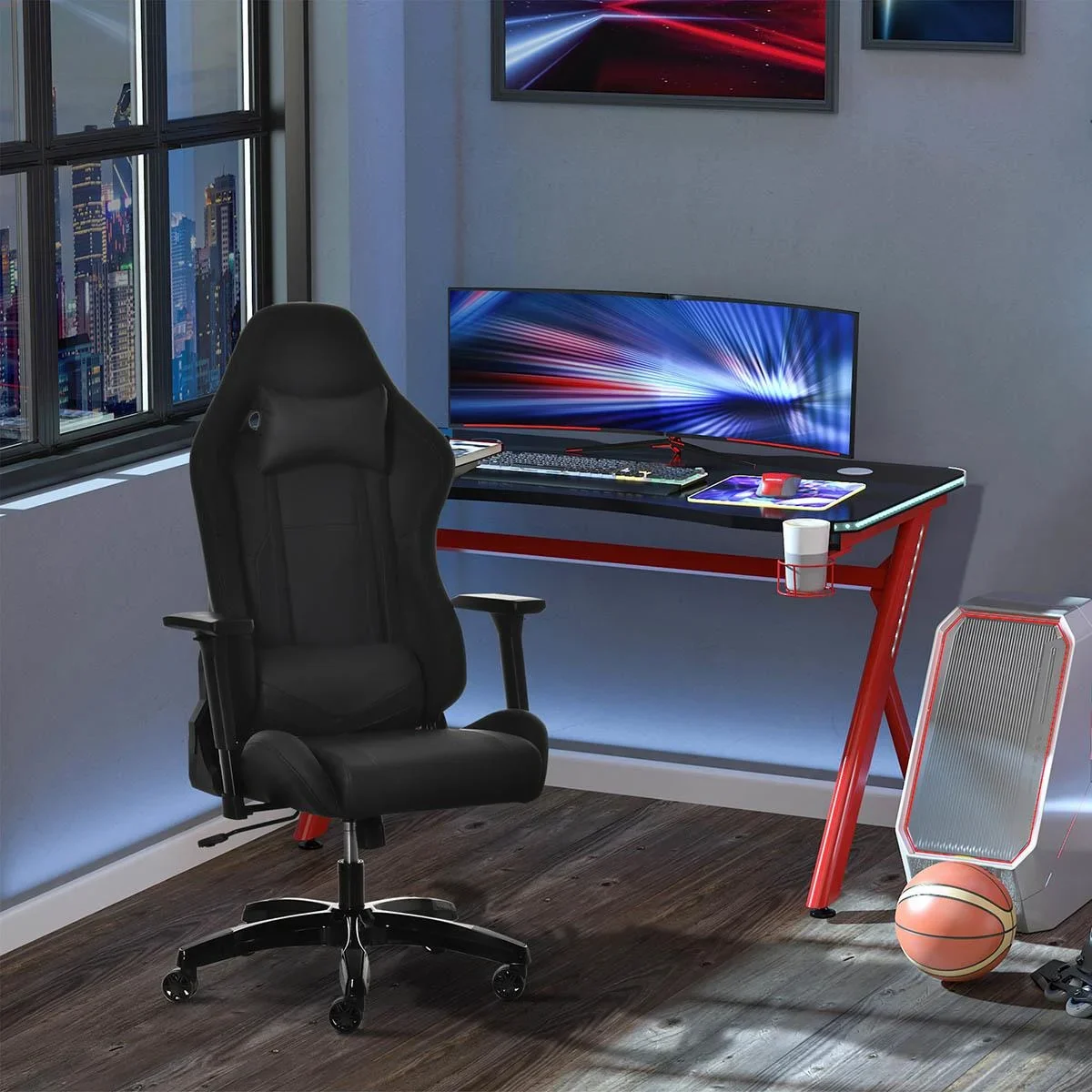 Gaming Stuhl mit Wipp- & Liegefunktion Bürostuhl ergonomischer Drehstuhl mit Kopfstütze Lendenkissen höhenverstellbar 90 - 0