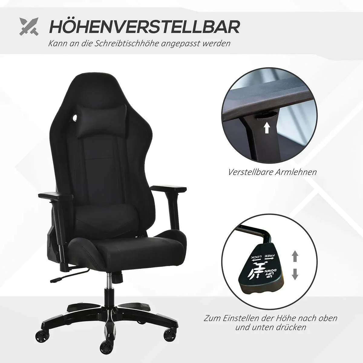Gaming Stuhl mit Wipp- & Liegefunktion Bürostuhl ergonomischer Drehstuhl mit Kopfstütze Lendenkissen höhenverstellbar 90 - 2