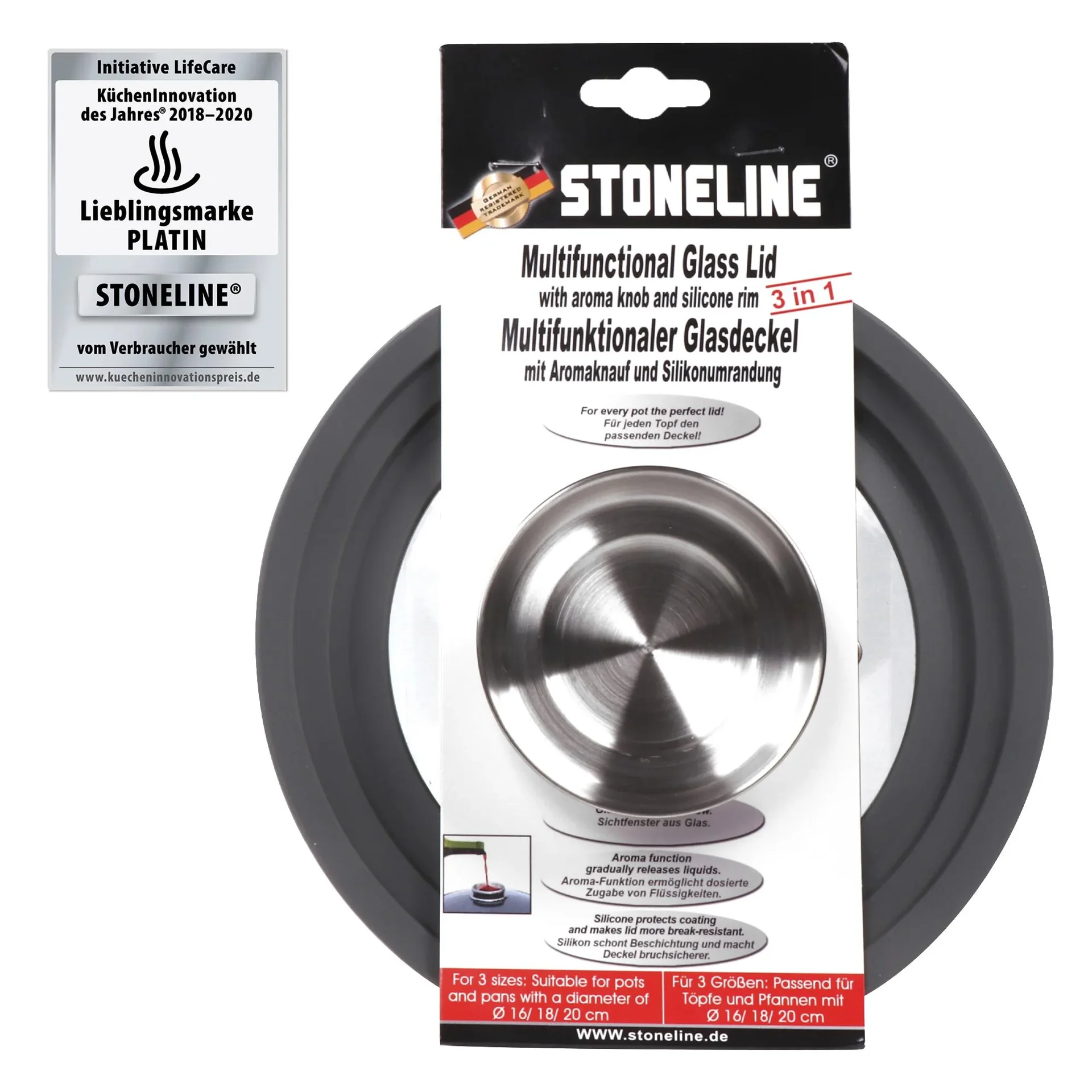 Universal-Glasdeckel mit Silikonrand und Aromaknopf für 16/18/20 cm - Für die Aroma-Küche! - 0