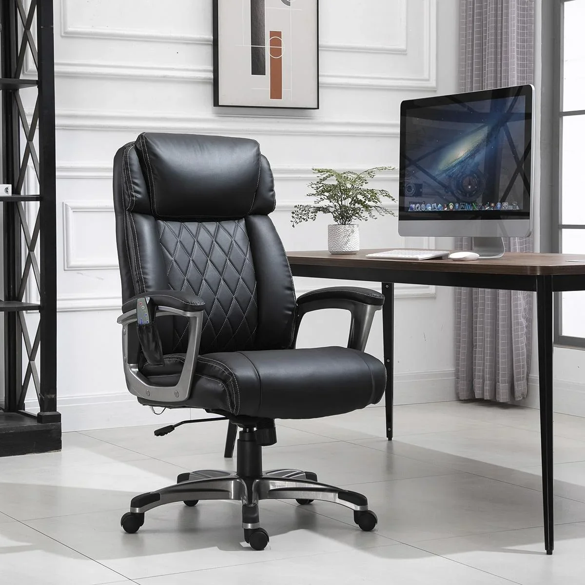 Massage-Bürostuhl 6-Punkt-Massage-Drehstuhl aus Kunstleder mit gewölbter Kopfstütze und Armlehne Schwarz 70 x 76,5 x 114 - 0