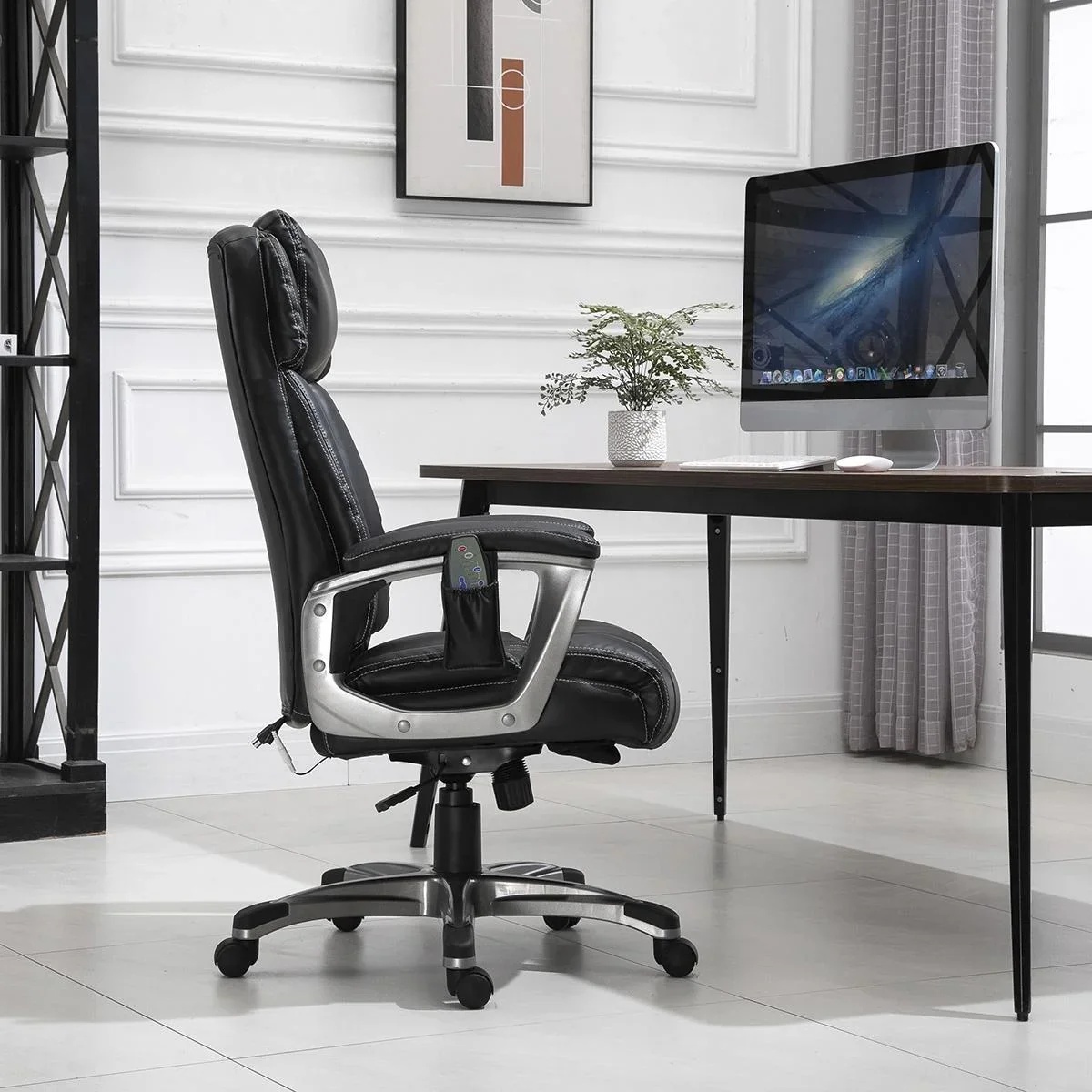 Massage-Bürostuhl 6-Punkt-Massage-Drehstuhl aus Kunstleder mit gewölbter Kopfstütze und Armlehne Schwarz 70 x 76,5 x 114 - 2