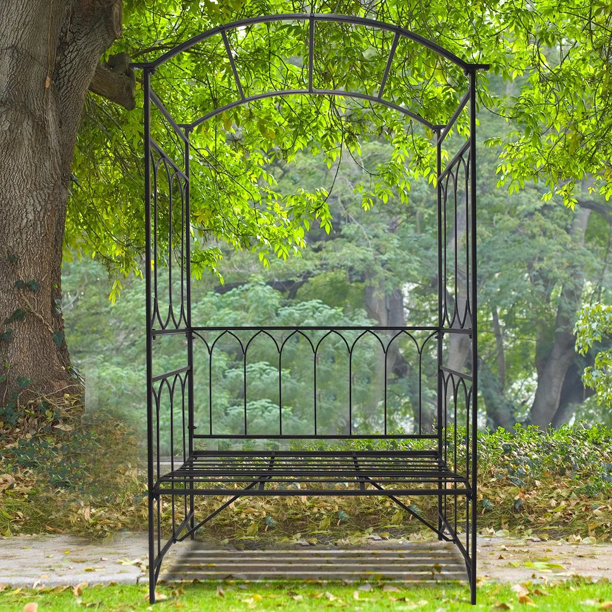 Gartenbank mit Rosenbogen schwarz - 1