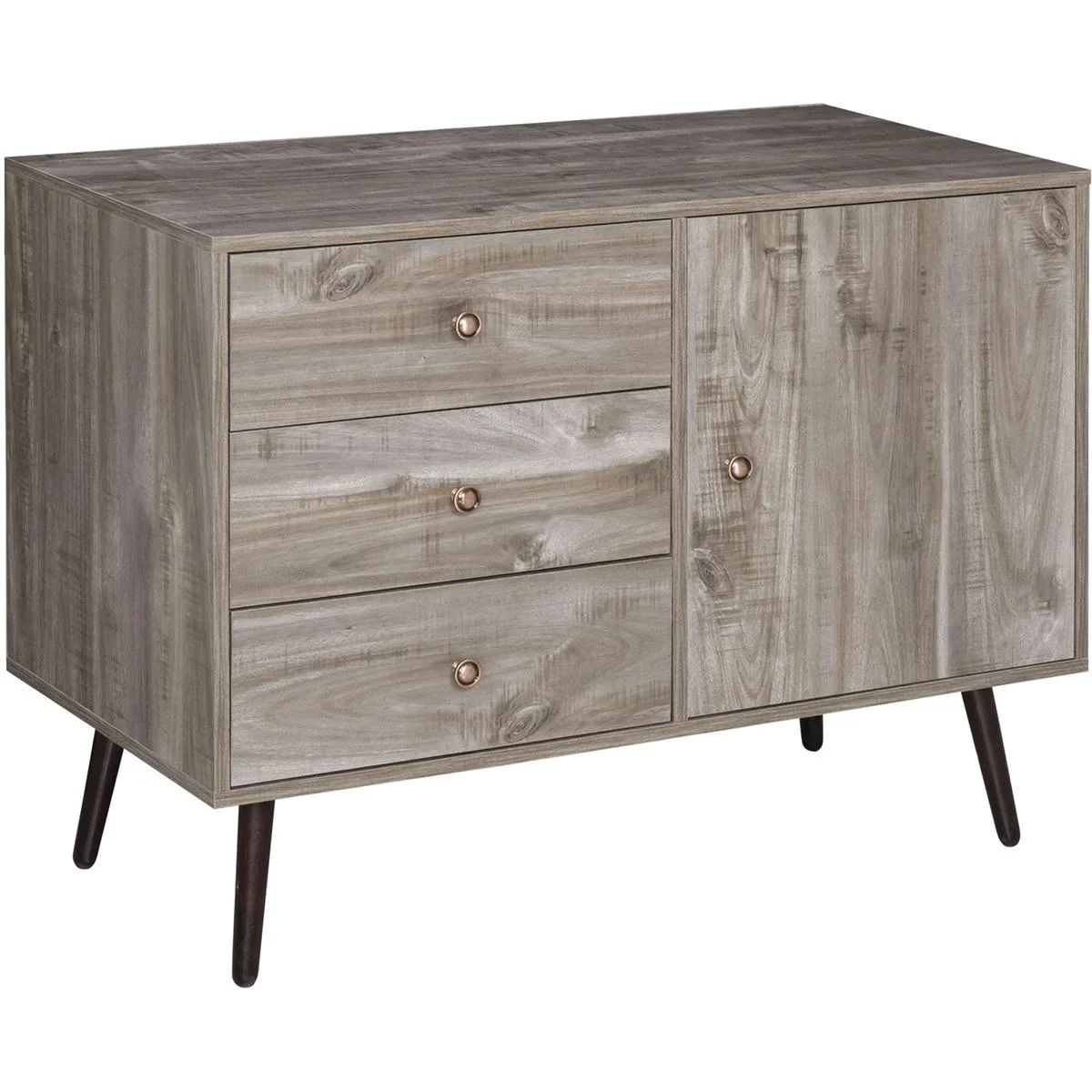 Sideboard Kommode Beistellschrank Bücherschrank Standschrank mit Tür und 3 Schubladen, Kiefer, Graue Holzmaserung, 102 x - 1