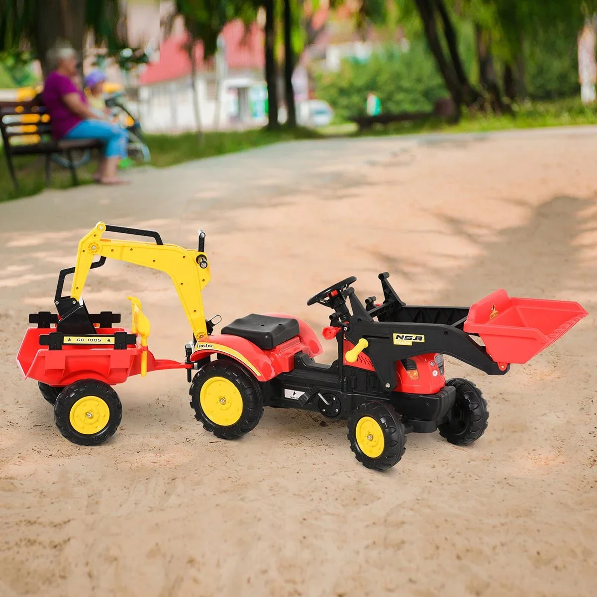 Trettraktor Tretauto Tretbagger mit Fontlader für 3-6 Jahre Bagger Kinder Stahl Kunststoff Rot 179 x 42 x 59 cm - 0