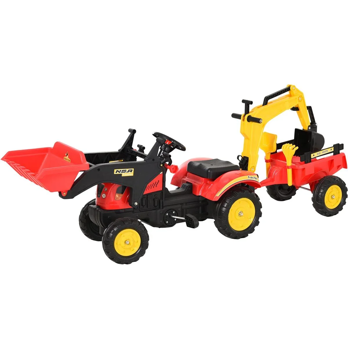 Trettraktor Tretauto Tretbagger mit Fontlader für 3-6 Jahre Bagger Kinder Stahl Kunststoff Rot 179 x 42 x 59 cm - 1