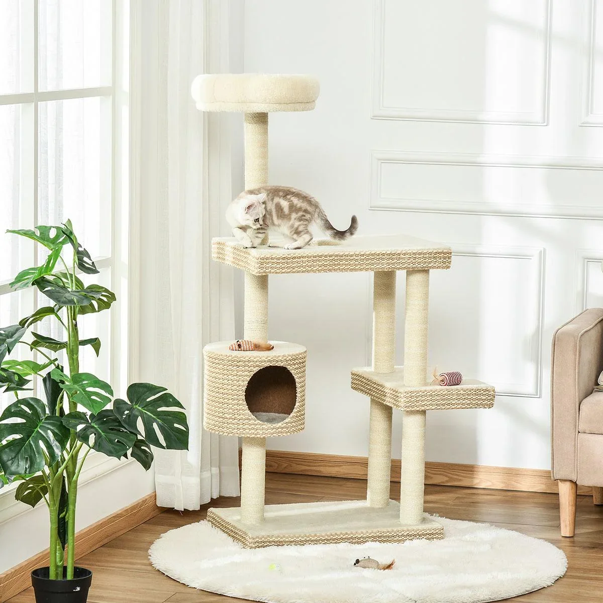 Katzenkratzbaum Katzenspielzeug Kletterbaum Sisal Polster Liegefläche Sisal samtartiges Polyester Beige+Kaffee - 0