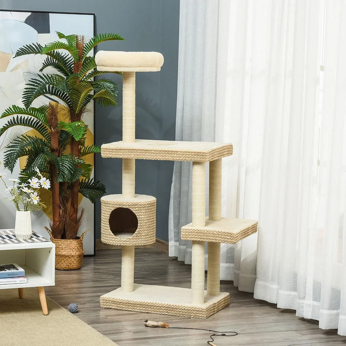 Katzenkratzbaum Katzenspielzeug Kletterbaum Sisal Polster Liegefläche Sisal samtartiges Polyester Beige+Kaffee - 2