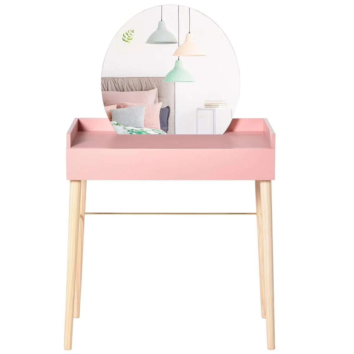 Schminktisch für Schlafzimmer Frisiertisch Kosmetiktisch mit Spiegel Schublade leichter Luxusstil MDF Kiefernholz Rosa 7 - 1