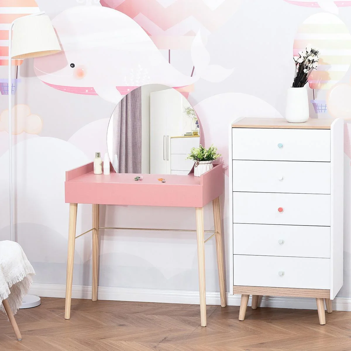 Schminktisch für Schlafzimmer Frisiertisch Kosmetiktisch mit Spiegel Schublade leichter Luxusstil MDF Kiefernholz Rosa 7 - 2