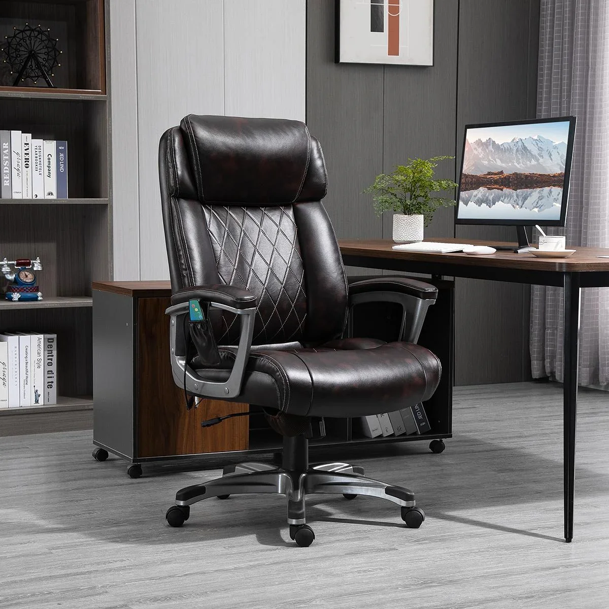 Massage-Bürostuhl 6-Punkt-Massage-Drehstuhl aus Kunstleder mit gewölbter Kopfstütze und Armlehne Braun 70 x 76,5 x 114-1 - 0