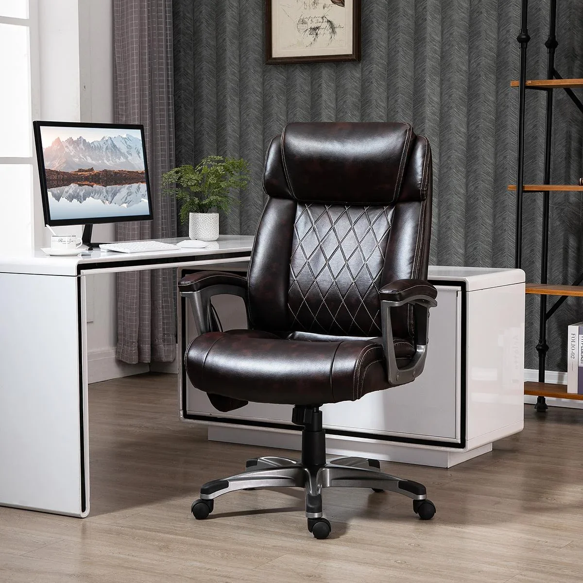 Massage-Bürostuhl 6-Punkt-Massage-Drehstuhl aus Kunstleder mit gewölbter Kopfstütze und Armlehne Braun 70 x 76,5 x 114-1 - 1