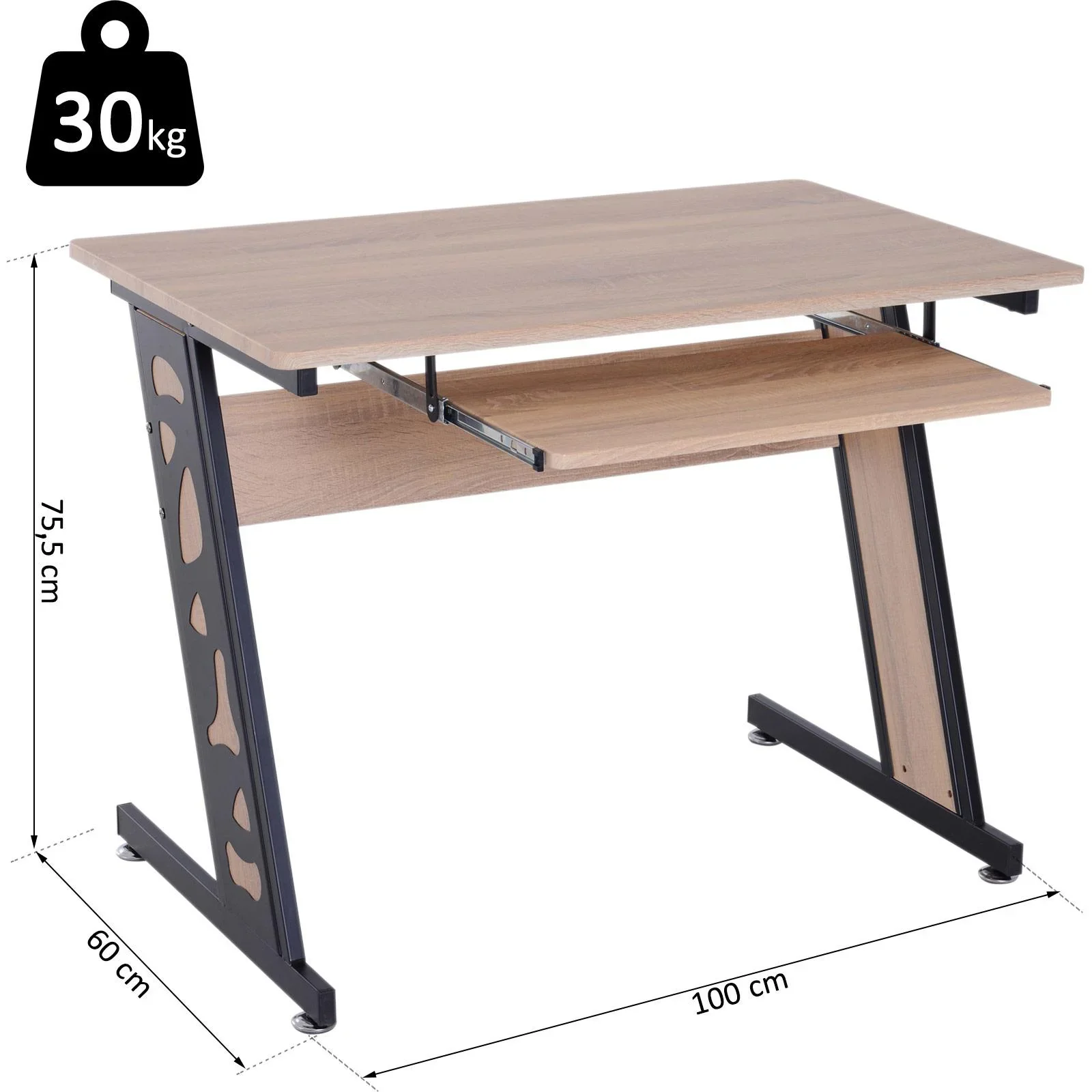 Computertisch PC-Tisch mit Tastaturauszug Schreibtisch Metall Eiche Schwarz 100 x 60 x 75,5 cm - 1