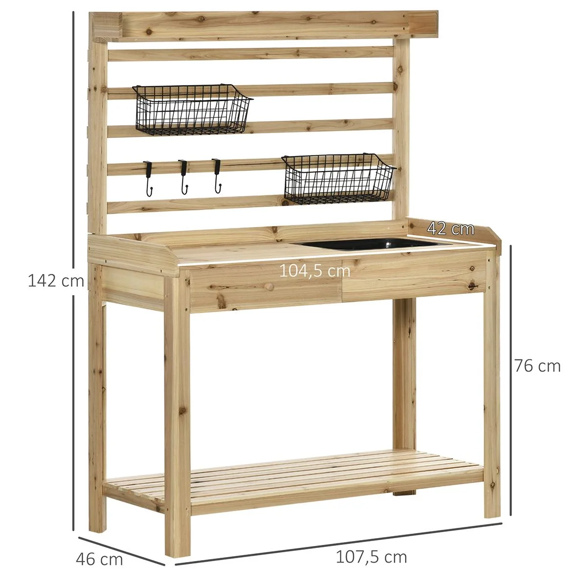Pflanztisch Gärtnertisch mit waschbecken Blumentisch aus Holz mit Schublade Haken Korb Ablage Garten Terrasse Natur 107, - 0