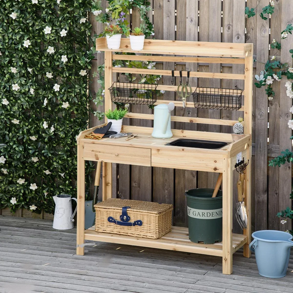 Pflanztisch Gärtnertisch mit waschbecken Blumentisch aus Holz mit Schublade Haken Korb Ablage Garten Terrasse Natur 107, - 2