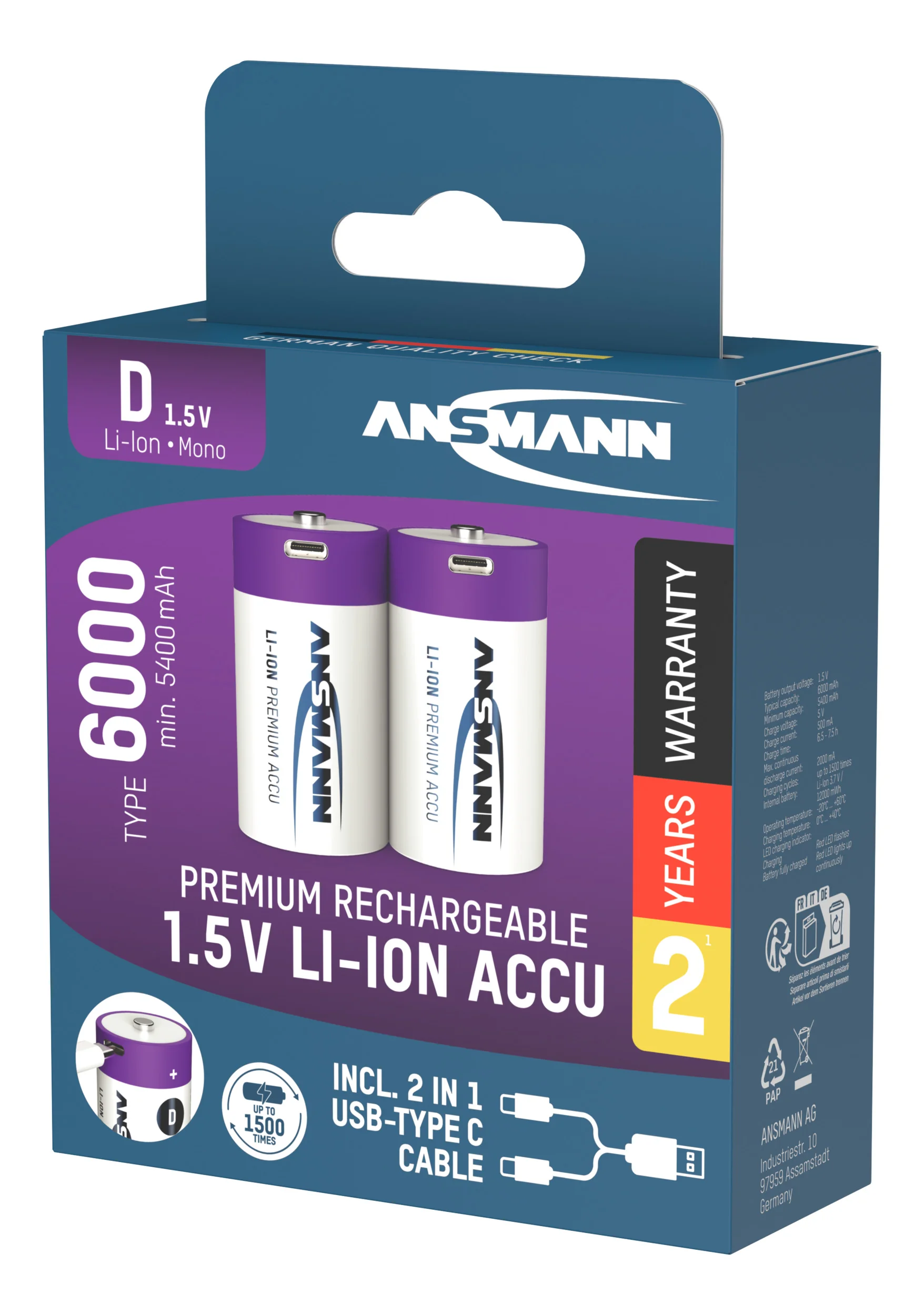 Lithium Ionen Mono (D) Akkus USB-C - 2 Stück, Sicherheitsabschaltung - 1