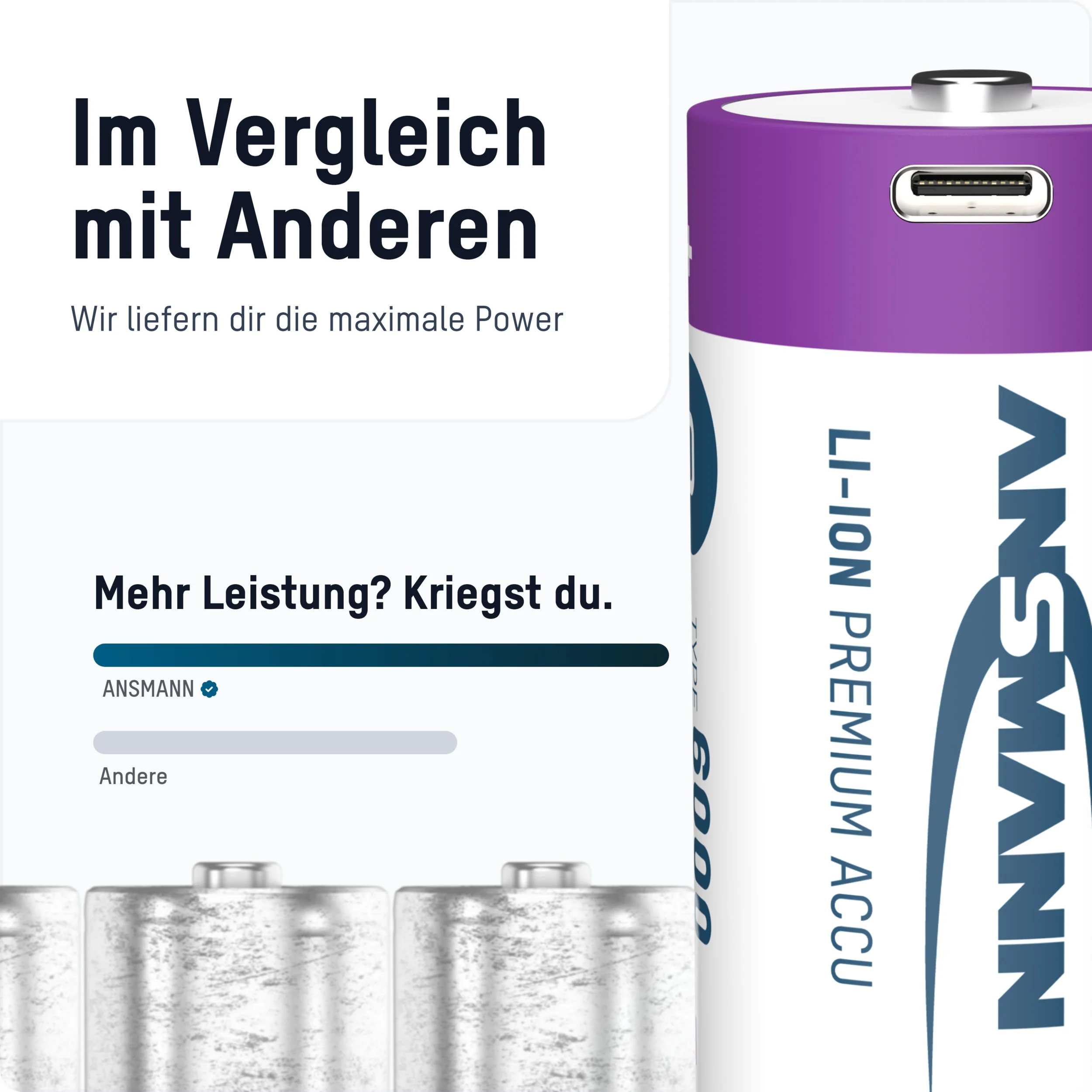 Lithium Ionen Mono (D) Akkus USB-C - 2 Stück, Sicherheitsabschaltung - 5