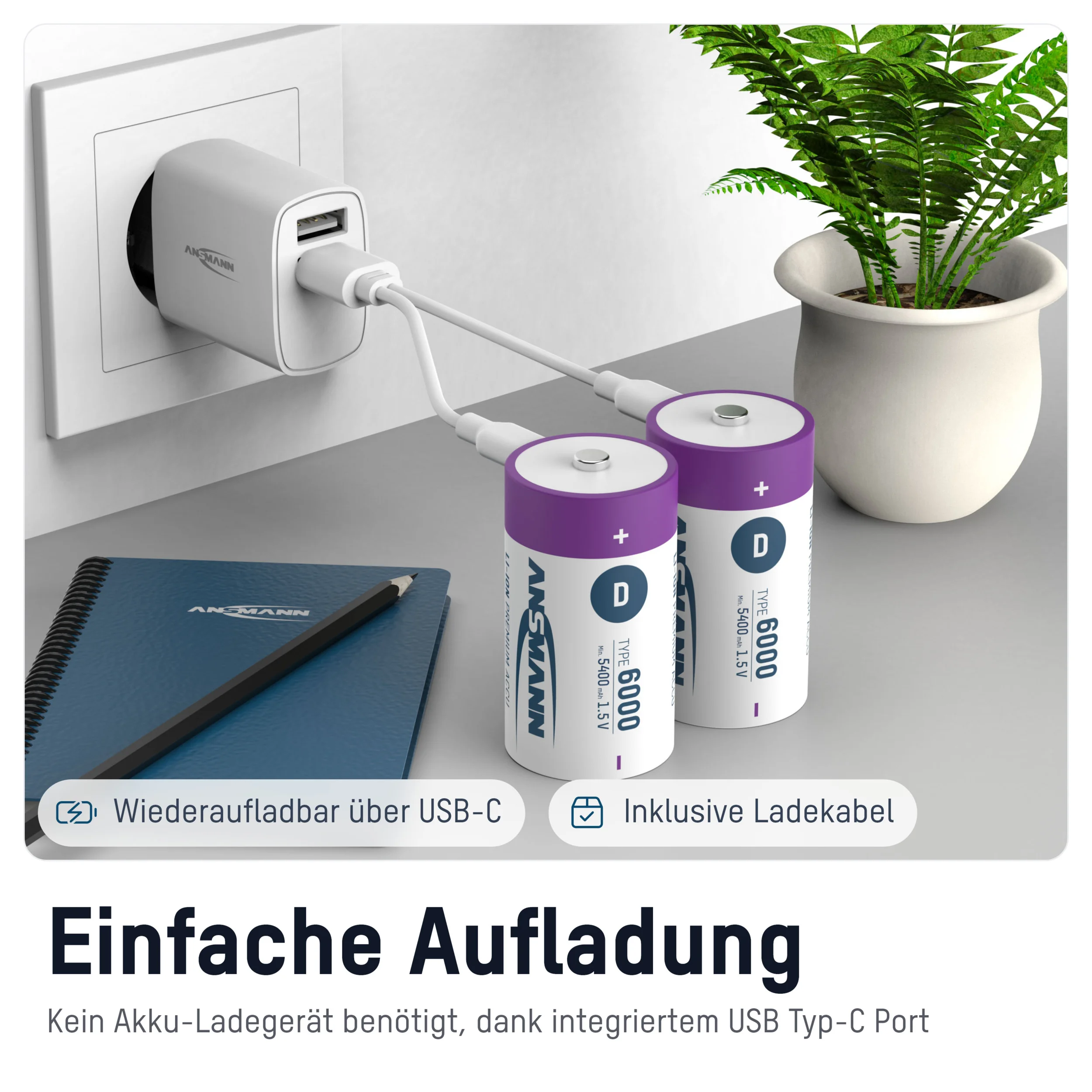 Lithium Ionen Mono (D) Akkus USB-C - 2 Stück, Sicherheitsabschaltung - 8