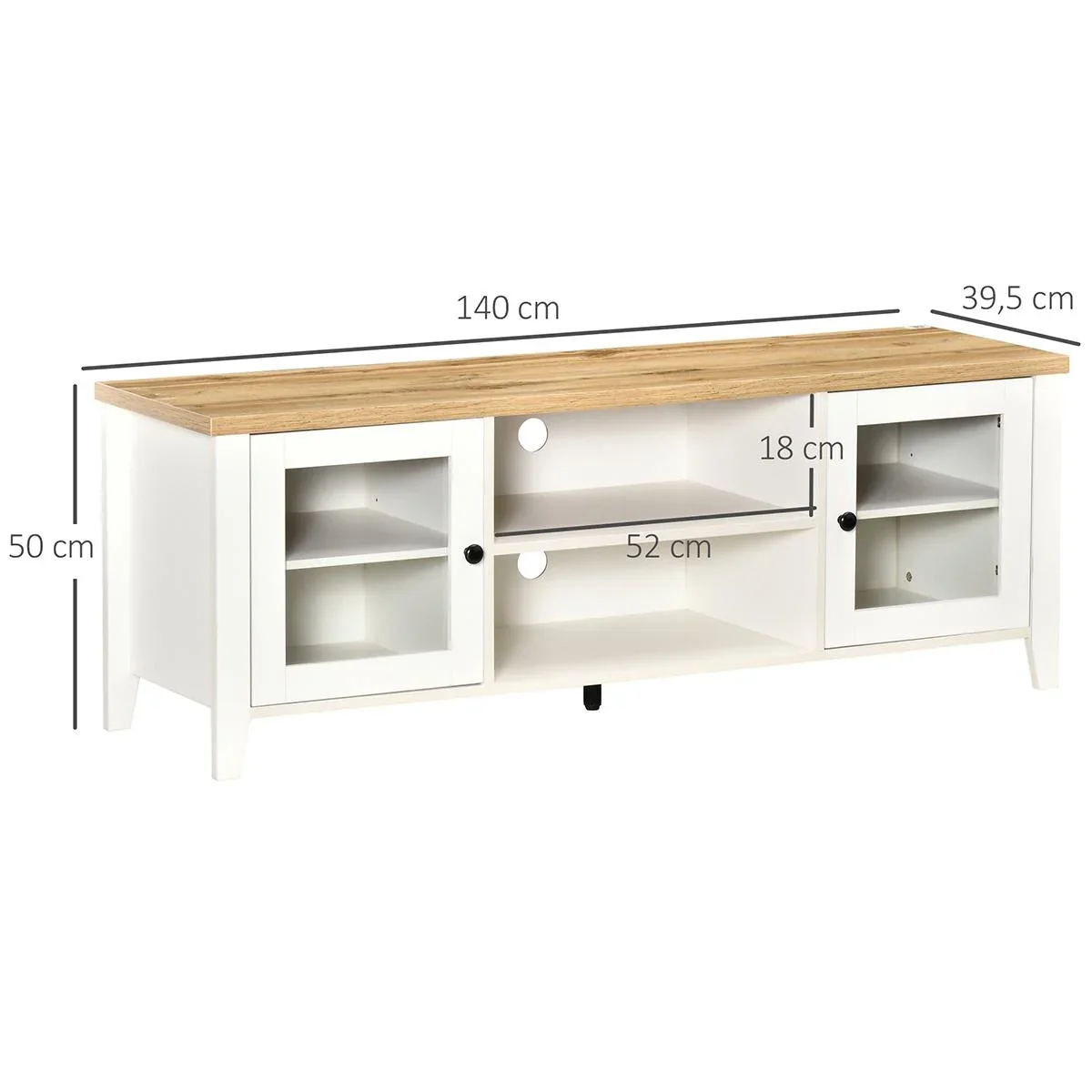 TV-Lowboard Fernsehtisch Fernsehschrank für Fernseher bis zu 60 Zoll mit 2 Glas Türen Regal verstellbar Weiß+Eiche 140 x - 0