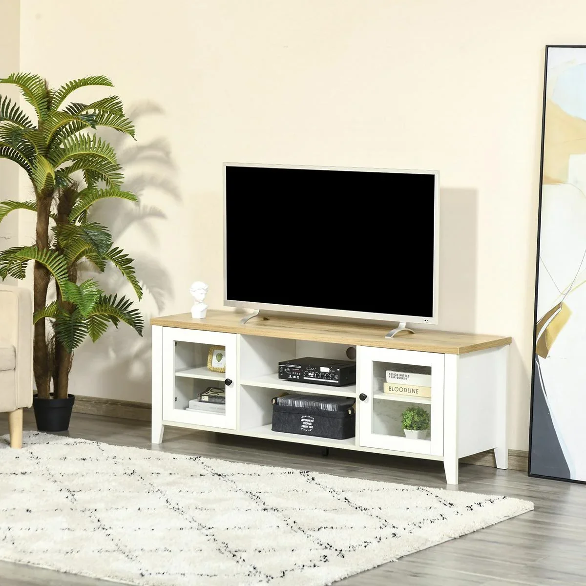 TV-Lowboard Fernsehtisch Fernsehschrank für Fernseher bis zu 60 Zoll mit 2 Glas Türen Regal verstellbar Weiß+Eiche 140 x - 1