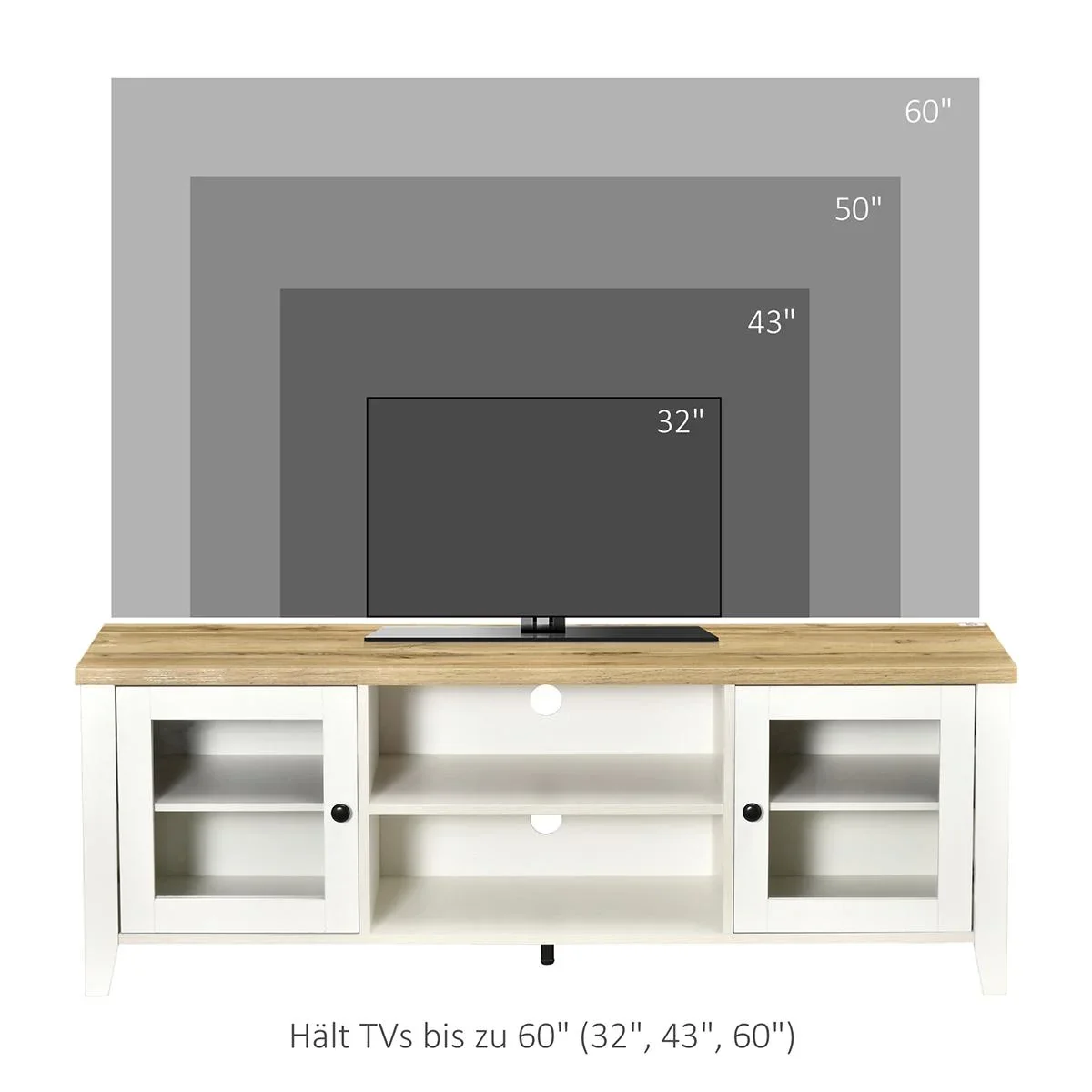 TV-Lowboard Fernsehtisch Fernsehschrank für Fernseher bis zu 60 Zoll mit 2 Glas Türen Regal verstellbar Weiß+Eiche 140 x - 2