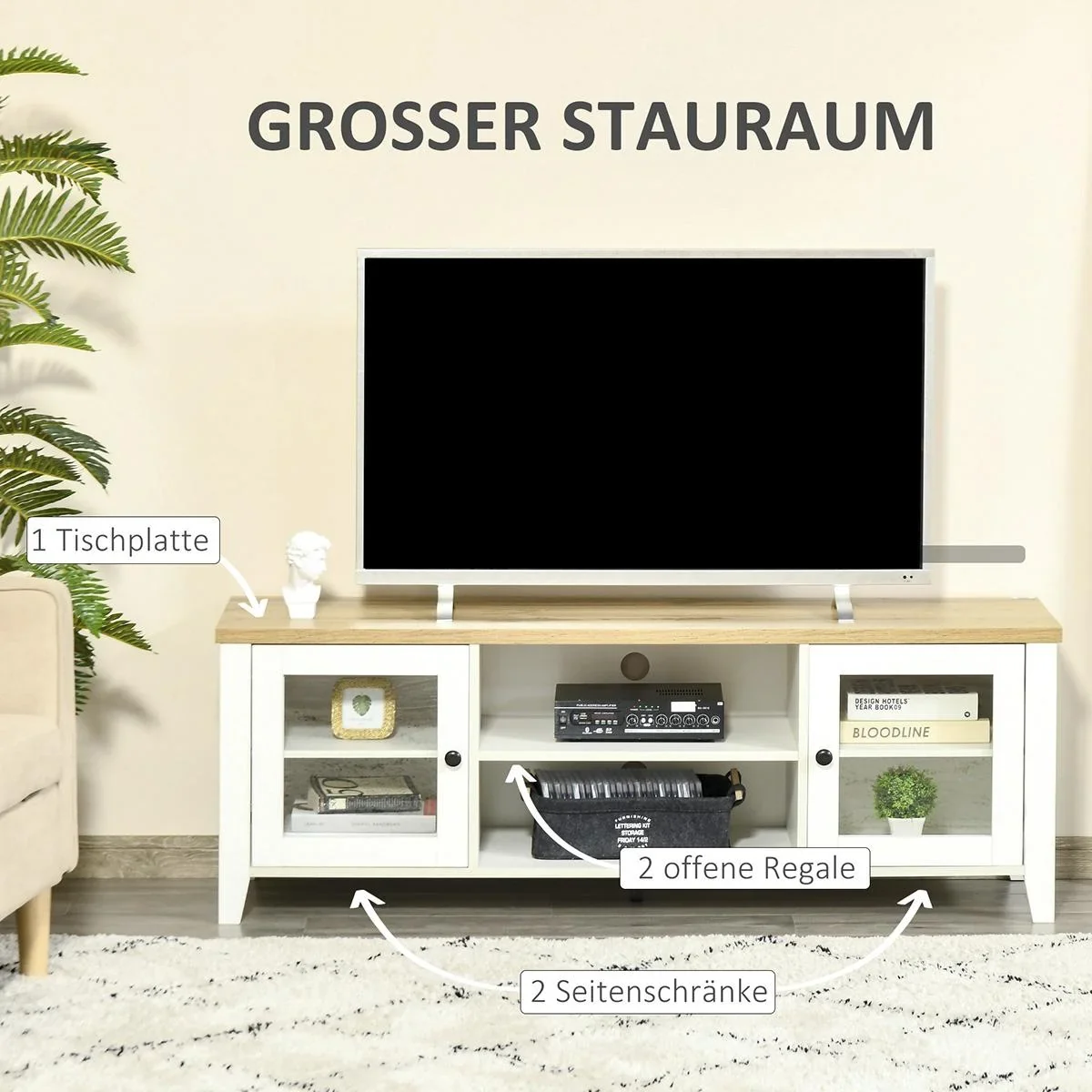 TV-Lowboard Fernsehtisch Fernsehschrank für Fernseher bis zu 60 Zoll mit 2 Glas Türen Regal verstellbar Weiß+Eiche 140 x - 3