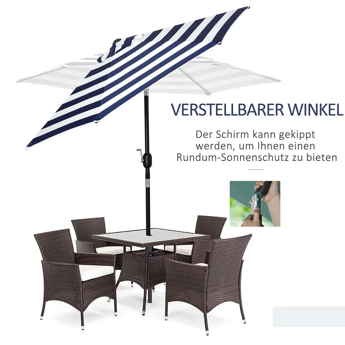 Sonnenschirm Gartenschirm Terrassenschirm Gestell Stahl im Freien Blauer Streifen Ø227 x 225 cm - 0
