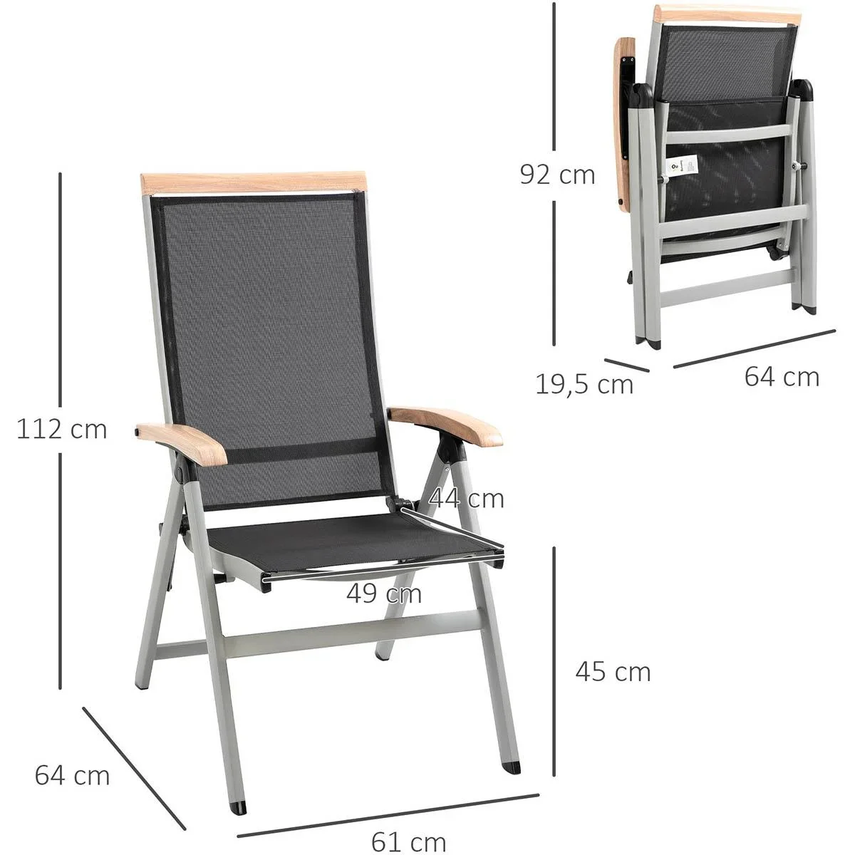 Gartenstuhl mit verstellbarer Rückenlehne - Aluminium/Mesh - Schwarz/Silber - 61 x 64 x 112 cm - 4